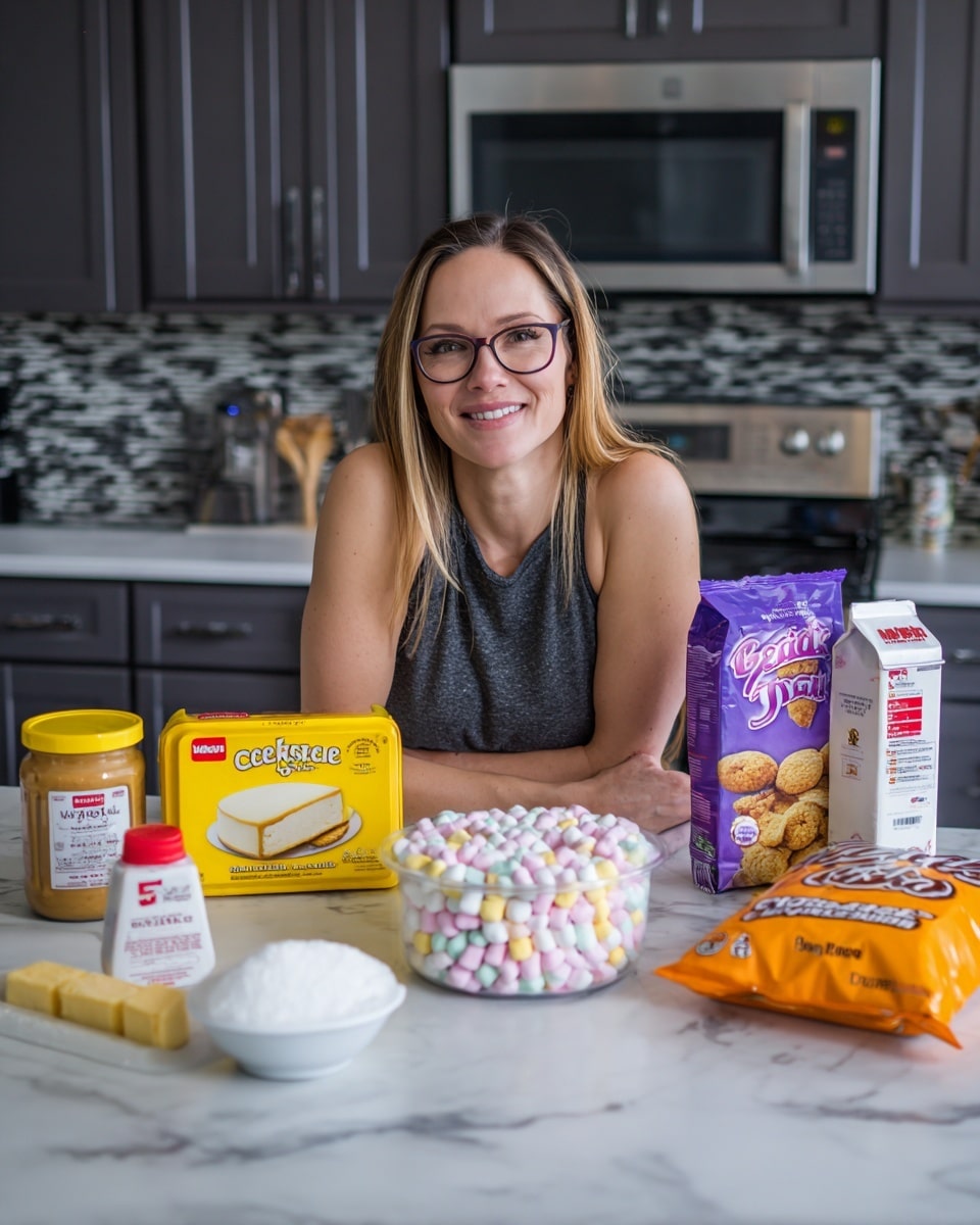 A white marbled countertop holds various baking ingredients arranged in a loose group: a yellow jar of smooth peanut butter on the left, a small red and white bottle of artificial vanilla standing on top, next to a yellow box of cream cheese with a picture of cheesecake, a white tub of whipped topping beneath the box, a large yellow bag of multi-coloured mini marshmallows standing upright, a white bowl of white sugar in front of the marshmallows, a purple and white carton of milk behind to the right, and an orange bag of butterscotch chips to the far right. In the background, a woman with glasses and a grey sleeveless top smiles warmly, resting her arms on the countertop. The kitchen cabinets are dark grey, and there is a patterned backsplash with grey and black tones behind her. photo taken with an iphone --ar 4:5 --v 7