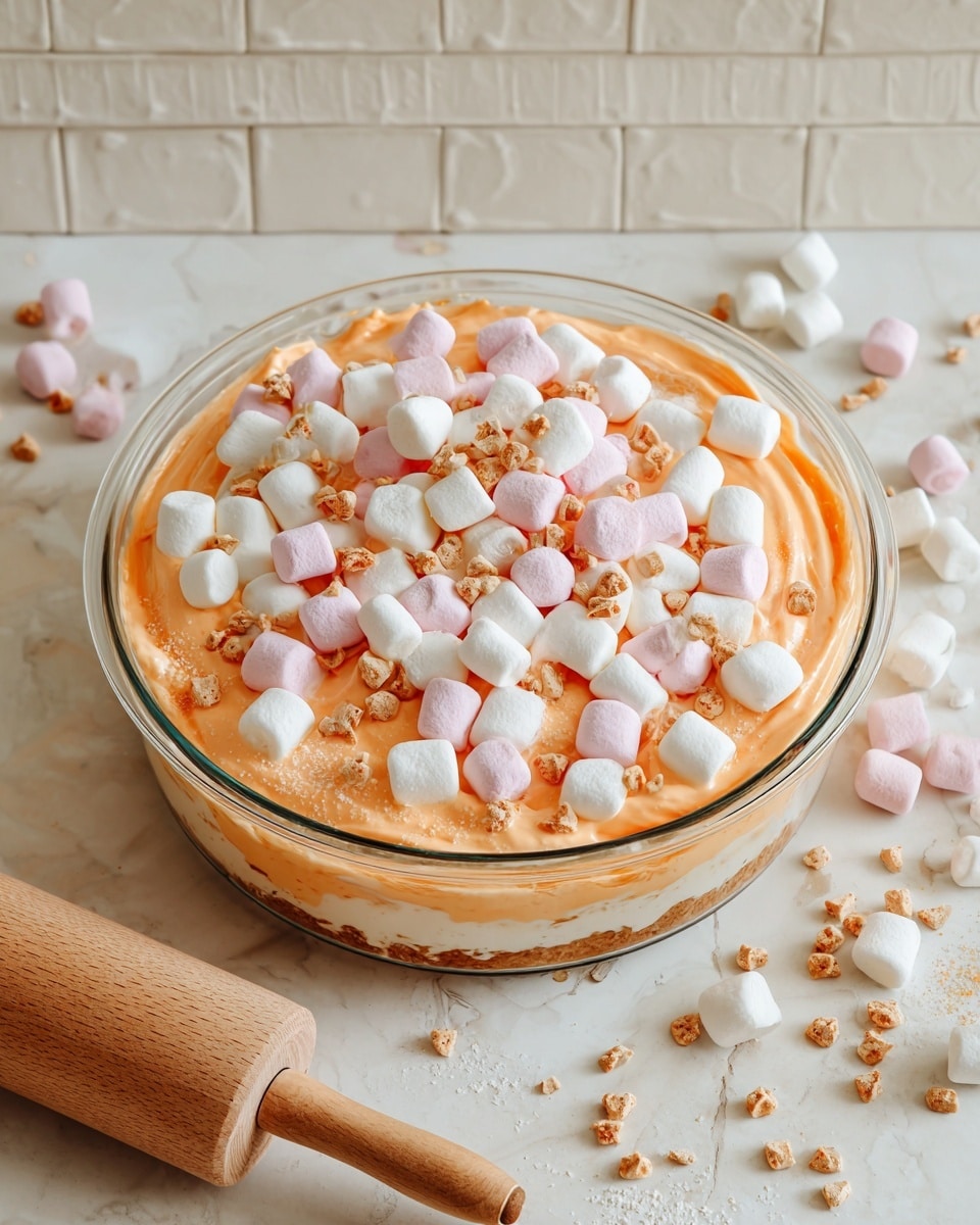 A clear glass bowl is filled with a thick, shiny orange mixture that holds together small pieces, topped heavily with small pastel marshmallows in white, pink, and light yellow colors along with light brown butterscotch chips. Some of the marshmallows and chips are scattered loosely on a white marbled surface around the bowl. In front of the bowl, there is a wooden rolling pin with a smooth texture resting on the same surface. The background shows a light stone wall giving a soft, rustic feel. photo taken with an iphone --ar 4:5 --v 7
