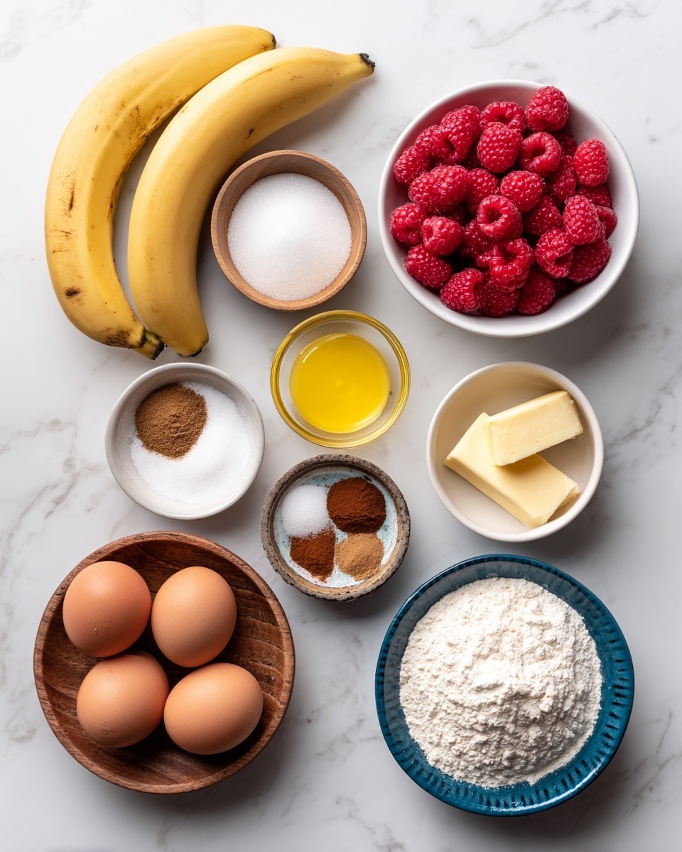 The image shows ingredients arranged neatly on a white marbled surface. There are two whole bananas placed horizontally near the top left. At the top right, a white bowl filled with red raspberries. Below the bananas are two small white bowls; one contains white sugar, the other brown sugar. To the right of these, a small clear bowl holds yellow melted butter. Near the bottom center, two brown eggs sit in a small wooden bowl. To their right, a blue and white plate holds three small piles of brown cinnamon, white baking soda, and white baking powder. On the bottom left, a dark bottle of vanilla extract lies next to the eggs. In the middle right, a white bowl filled with flour is visible. Photo taken with an iphone --ar 4:5 --v 7