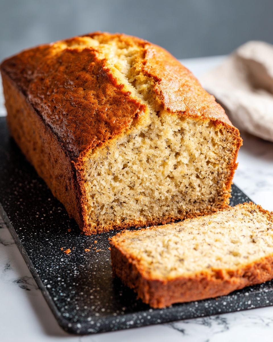 A loaf of golden brown bread with a rough textured crust is shown on a black speckled cutting board over a white marbled surface. The bread is sliced with one piece lying flat in front of the main loaf, revealing a soft, slightly crumbly inside that is light yellow with small bits of darker texture throughout. The top crust has a crack running through its middle, giving it a homemade look. The overall colors range from light yellow inside to deep golden brown outside, with a rustic and inviting appearance. Photo taken with an iphone --ar 4:5 --v 7