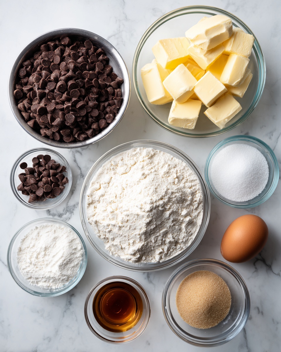 The image shows several bowls with baking ingredients arranged on a white marbled surface. Starting from the top left, there is a metal bowl full of dark brown chocolate chips, next to it on the right is a clear glass bowl holding several soft yellow butter pieces. To the right of the butter, there is a smaller clear bowl with white granulated sugar. Below the chocolate chips, there is a metal bowl filled with white flour, next to it a small clear bowl with fine white salt. Below the salt bowl, there is a very small clear bowl with light brown vanilla extract. To the right of the extract, a metal bowl with two brown eggs sits beside a small clear bowl filled with light brown sugar. All the bowls vary in size and shape but are placed neatly on the white marbled surface. The scene is well lit, showing off the texture of each ingredient, photo taken with an iphone --ar 4:5 --v 7