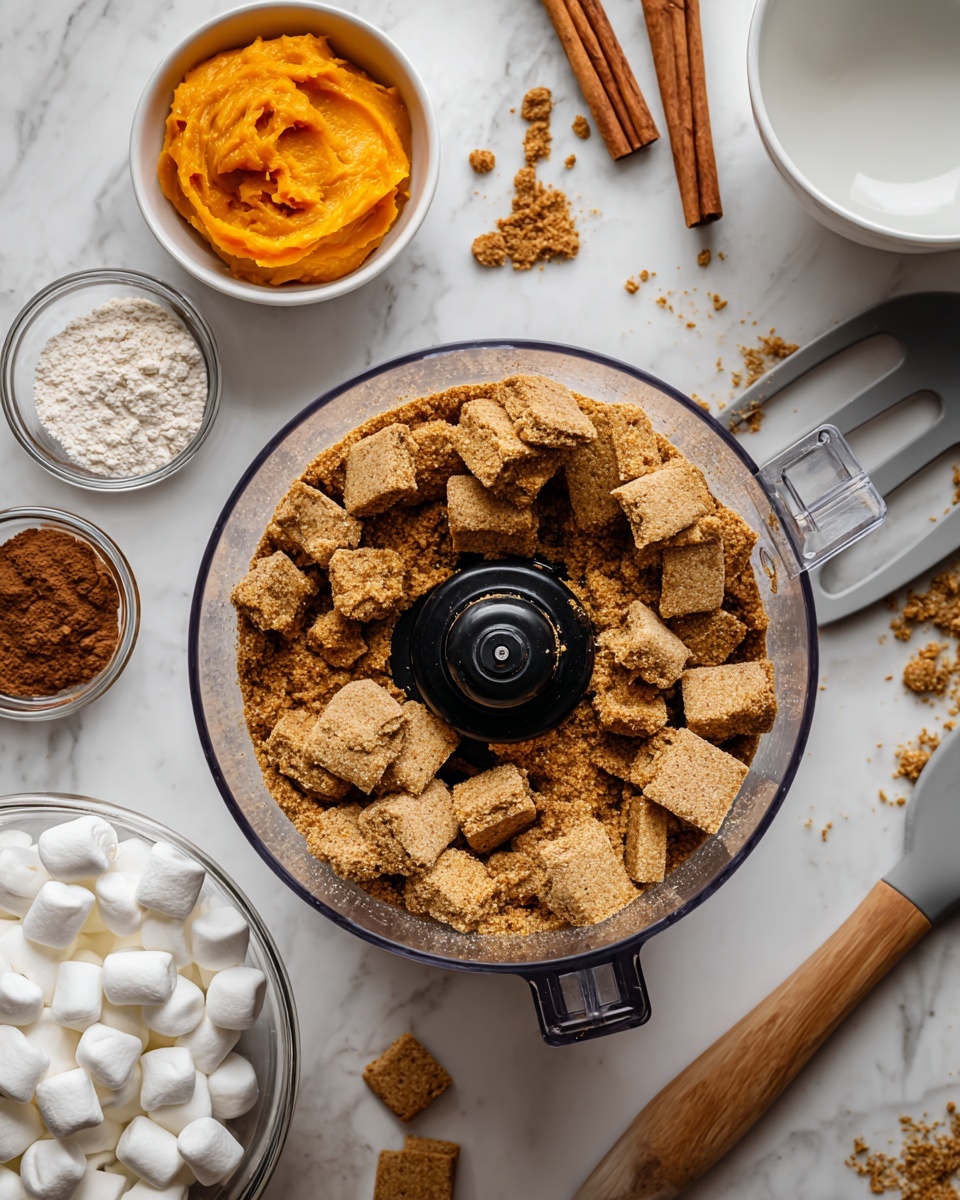 A clear food processor bowl is filled with broken square pieces of light brown graham crackers, some crushed into fine crumbs that pile around the black center blade, showing a texture mix of solid and powder. Above the bowl, a small white bowl holds a bright orange smooth pumpkin puree. To the left, a small white bowl with dark brown cinnamon powder, a glass bowl of white flour, and a wooden spoon with cinnamon powder sit on a white marbled surface. Below, there’s another glass bowl with small white marshmallows beside a few scattered cinnamon sticks and crumbs. A large empty white bowl sits on the upper right, and a gray spatula with a wooden handle rests nearby. photo taken with an iphone --ar 4:5 --v 7