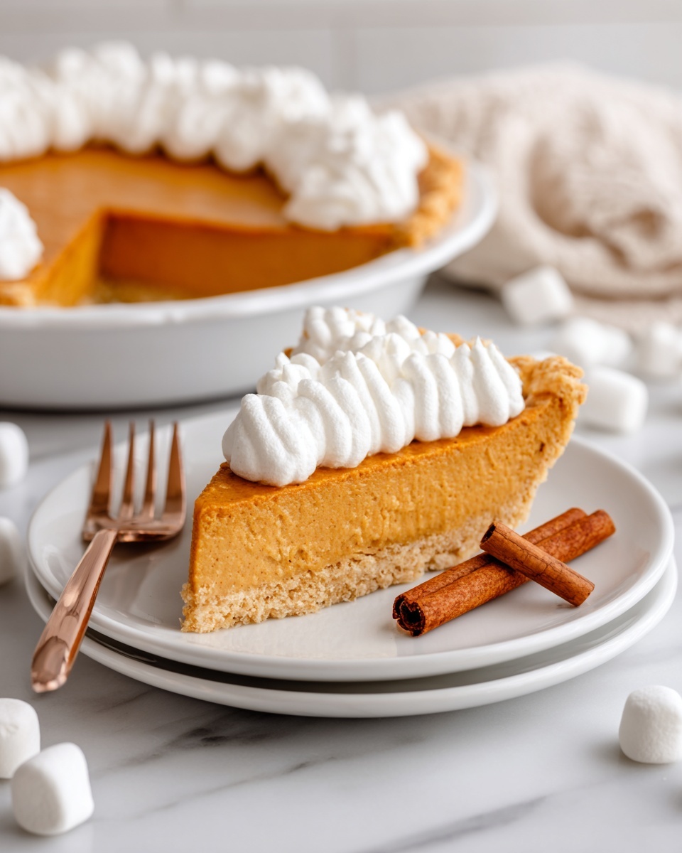 A slice of creamy light tan pie with a crumbly brown crust sits on a white plate, topped with a row of soft white whipped cream dollops dusted lightly with cinnamon. Two cinnamon sticks rest beside the slice, and a copper-colored fork lies on the right side of the plate. In the background, the full pie in a white pie dish shows a smooth tan filling with dollops of whipped cream around the edges. Small white marshmallows are scattered on the white marbled surface near the plate. Photo taken with an iphone --ar 4:5 --v 7