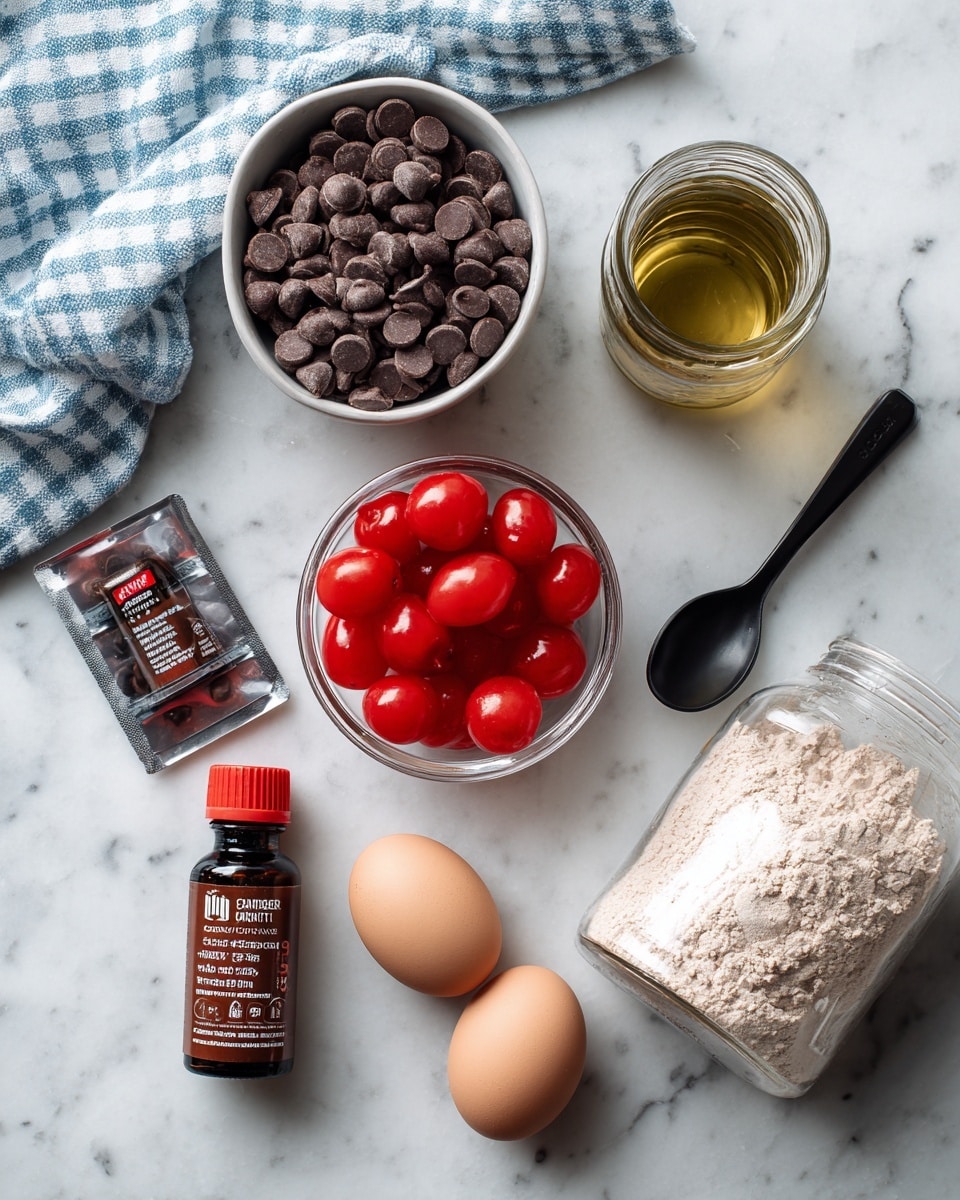 A white marbled surface with a clear glass bowl of dark brown chocolate chips on the left, a tall glass jar filled with light golden oil in the center, and a clear small glass bowl containing bright red cherries with a black spoon on the right side; below these are two light brown eggs in the middle, a small bottle of dark brown vanilla extract with a red cap on the bottom left, a small black and orange packet next to it, and a large transparent plastic bag filled with light brown powder at the bottom center; in the top left corner, a blue and white checkered towel lays partially folded. photo taken with an iphone --ar 4:5 --v 7