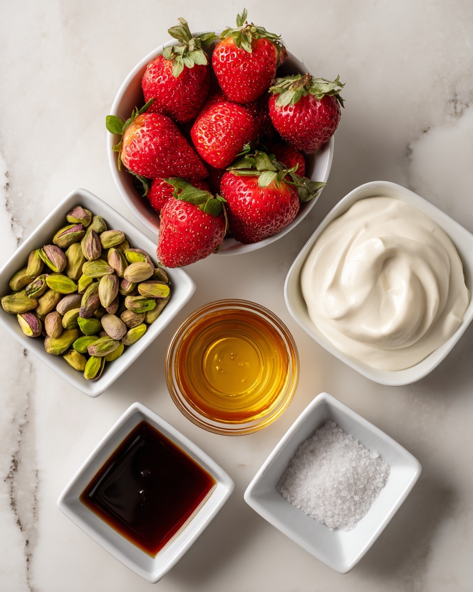 The image shows six small white bowls on a white marbled surface. The top bowl is filled with bright red strawberries with green tops, the left bowl contains green-brown pistachios, and the right bowl holds smooth, thick white yogurt. Below the pistachios is a bowl with golden honey. At the bottom of the image, two tiny square white bowls hold vanilla extract, dark brown in color, and white salt. Each ingredient is separated clearly without overlapping. Photo taken with an iphone --ar 4:5 --v 7