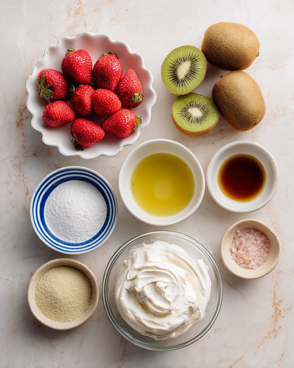 The image shows a top-down view of several bowls with different ingredients arranged on a white marbled surface. At the top left, a white scalloped bowl holds bright red strawberries and three fuzzy brown kiwis, with two kiwis sliced to reveal their green, seeded centers. To the right, a small white bowl contains a dark brown liquid labeled vanilla. Below that is a white bowl with blue stripes, filled with a yellow liquid marked egg whites. Underneath, a clear glass bowl holds fluffy white whipped cream with soft, thick swirls. To the left, another white bowl with blue stripes is filled with fine white sugar. At the bottom left, a small beige bowl contains white cornstarch in powder form, and next to it, a smaller beige bowl with a bit of pink salt completes the set. The arrangement is neat, with each labeled ingredient shown clearly and evenly spaced. photo taken with an iphone --ar 4:5 --v 7