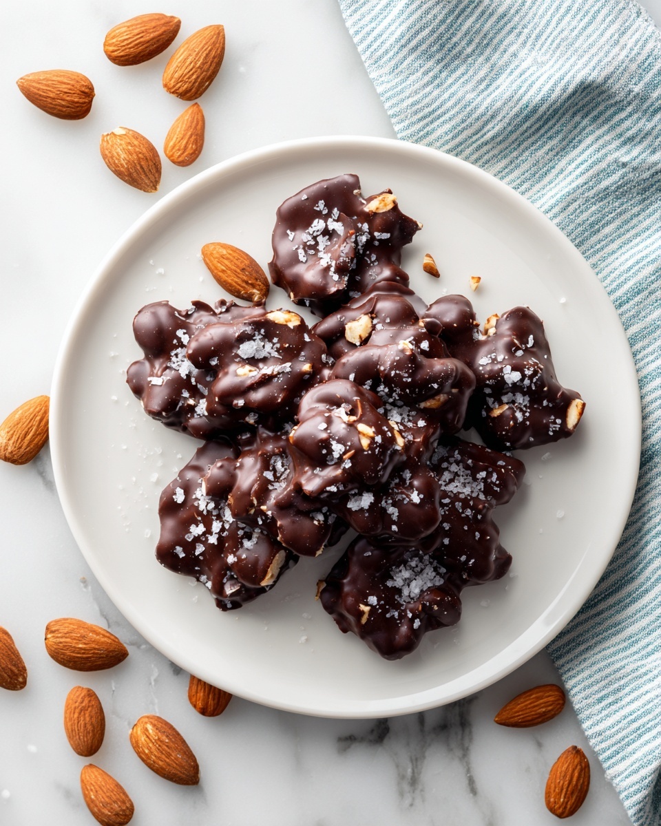 A white plate filled with a pile of dark chocolate-covered almond clusters. The clusters are rough and lumpy, showing the almond shapes through the chocolate coating, with small grains of sea salt sprinkled on top. Around the plate, there are a few whole almonds scattered on a white marbled surface, and a striped cloth is partly visible under the plate. photo taken with an iphone --ar 4:5 --v 7