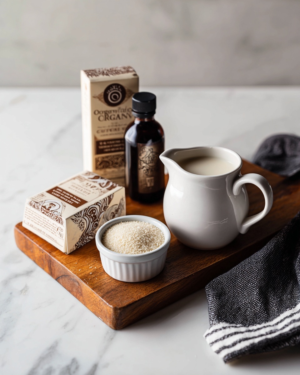 The image shows a wooden board on a white marbled surface with four main items arranged on it. On the right side, there is a white ceramic pitcher filled with creamy white liquid, with a handle facing to the right. Behind the pitcher, there is an open carton of organic heavy whipping cream with a brown and white design. On the left side of the pitcher, there is a small white ramekin filled with a light granulated substance. Behind the ramekin, a dark brown bottle with a black cap stands upright, labeled as vanilla extract. To the right, a black and white striped cloth is tucked under the board, adding texture to the scene. Photo taken with an iphone --ar 4:5 --v 7