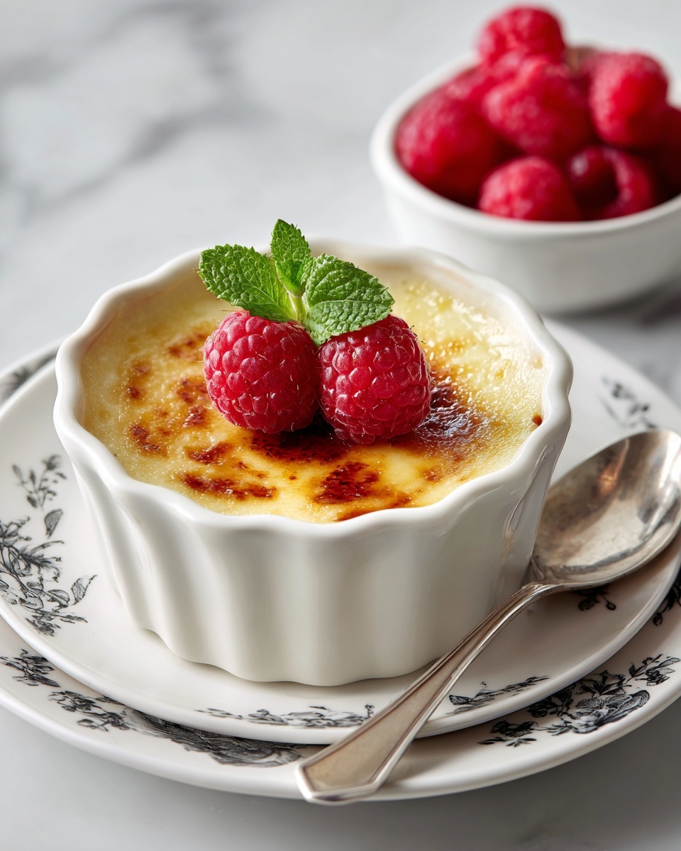 A white scalloped ramekin filled with a light golden creme brulee topped with a caramelized brown crust, two fresh red raspberries, and a small green mint leaf in the center. The ramekin is placed on a black plate with white floral and leaf patterns. A silver spoon rests on the plate beside the ramekin. In the foreground, a white bowl filled with bright red raspberries is slightly blurred. The surface beneath is a white marbled texture. Photo taken with an iphone --ar 4:5 --v 7