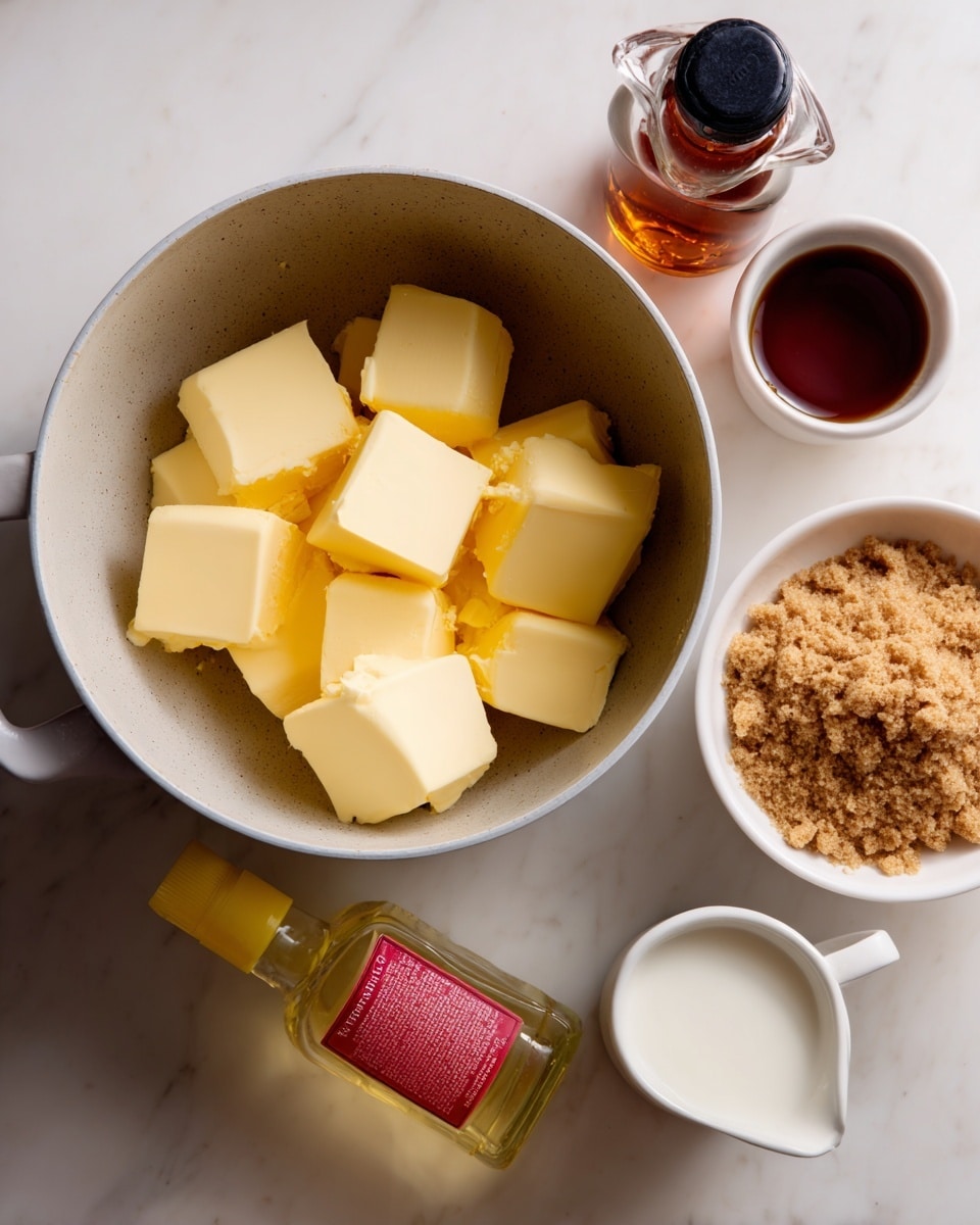A light gray cooking pot with small white speckles is filled with about ten chunks of yellow butter, positioned towards the top left. Next to the pot on a white marbled surface lies an amber-colored glass bottle with a black cap on the upper right side. Below that, a clear bottle of light corn syrup with a yellow cap and a bright red label is placed diagonally. At the bottom right, a white bowl filled with coarse, clumpy brown sugar is visible. To the right of the brown sugar, a white cup filled almost to the top with cream is positioned near the edge. photo taken with an iphone --ar 4:5 --v 7