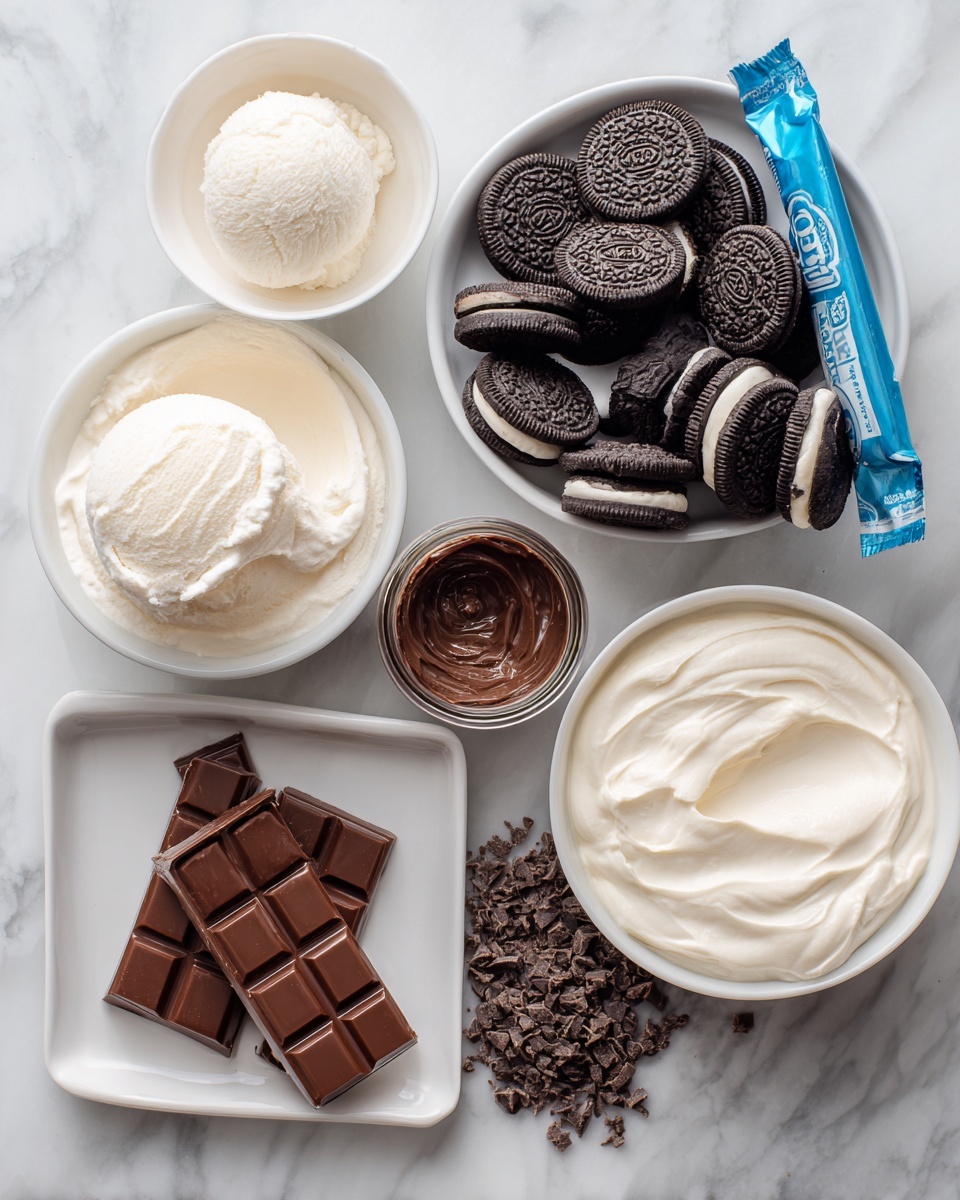 The image shows ingredients to make a dessert arranged neatly on a white marbled surface. There is an open blue pack of black sandwich cookies with white cream filling on the top right. Below it, there is a white bowl filled with small round chocolate cookies. To the left, a white bowl contains smooth white cream, and above it, an open container of soft white ice cream has a scoop resting inside. Next to the ice cream, there is a small glass jar with dark chocolate spread. On the right side, two milk chocolate bars lay flat with chocolate shavings nearby. A white rectangular tray sits empty on the left side of the image. The colors are mostly white, black, blue, and brown, with smooth and creamy textures visible. Photo taken with an iphone --ar 4:5 --v 7