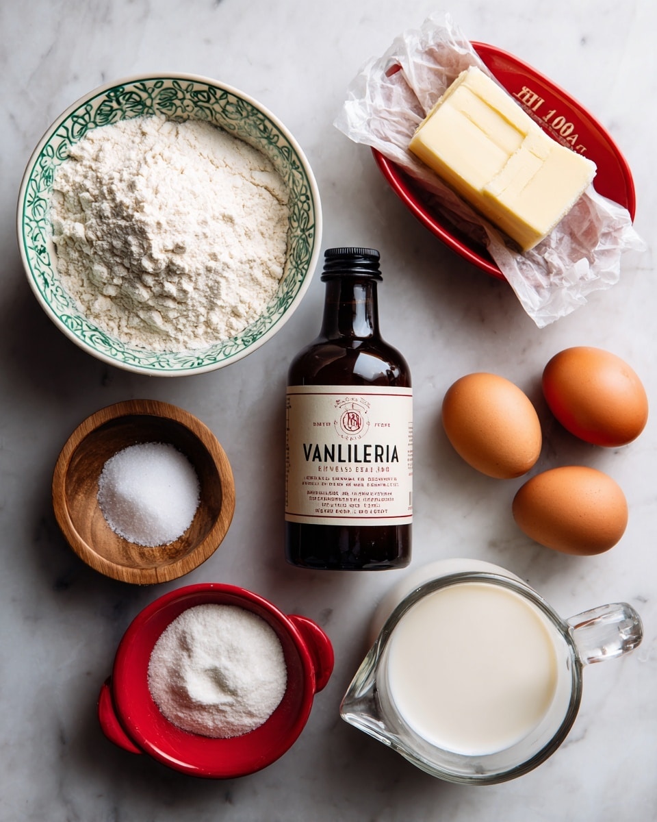 The image shows several baking ingredients arranged on a white marbled surface. There is a white bowl with green patterns filled with flour on the left, a small wooden bowl with salt next to it, and a small red bowl with baking powder nearby. Above these are a stick of butter wrapped in paper and a red bowl filled with sugar. A dark brown bottle labeled