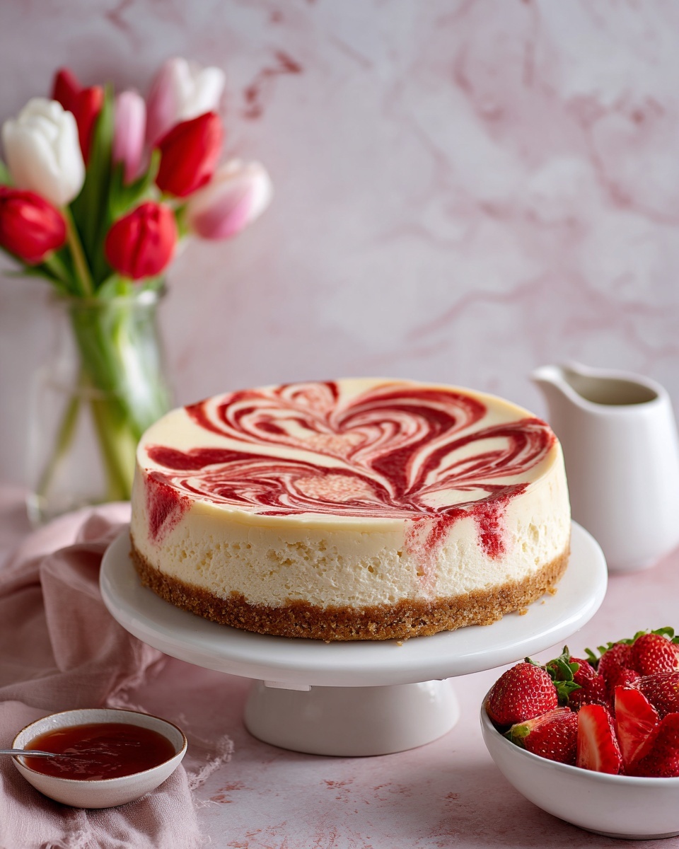 A cheesecake with a thick, golden-brown crumb crust that rises up the sides, filled with a smooth, creamy white layer, topped with swirled red strawberry sauce forming heart shapes and circular patterns on the surface. The cake is placed on a white pedestal cake stand with a soft pink table underneath. To the right, a white bowl holds fresh whole and sliced red strawberries, while a small white pitcher with more red sauce is next to it. In the background, a clear glass jar with green leaves holds pink and white tulips, all set against a white marbled textured surface. photo taken with an iphone --ar 4:5 --v 7
