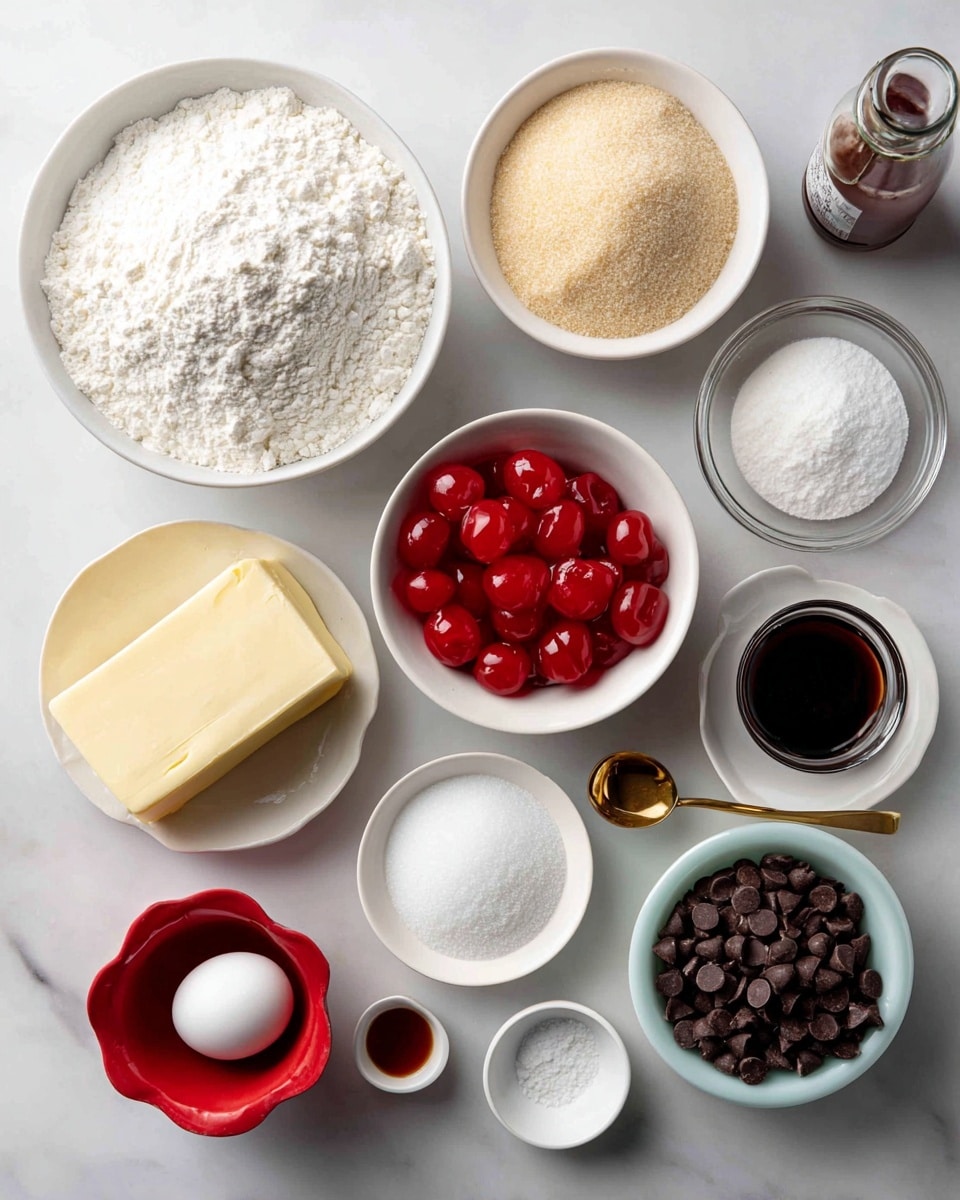 The image shows a group of baking ingredients arranged neatly on a white marbled surface. There is a white bowl filled with white all-purpose flour placed top left, next to a white bowl with light brown sugar on the top right. Below the flour, a small white bowl holds bright red maraschino cherries, while to its right a small white bowl contains a slab of pale yellow butter. Near the bottom right corner, a white bowl filled with mini chocolate chips is visible. A single egg rests in a red egg cup below the cherries, and nearby small glass bowls hold kosher salt and baking soda. A gold measuring spoon and an open small bottle of red gel food coloring are placed near the center, along with a small bottle of almond extract. photo taken with an iphone --ar 4:5 --v 7