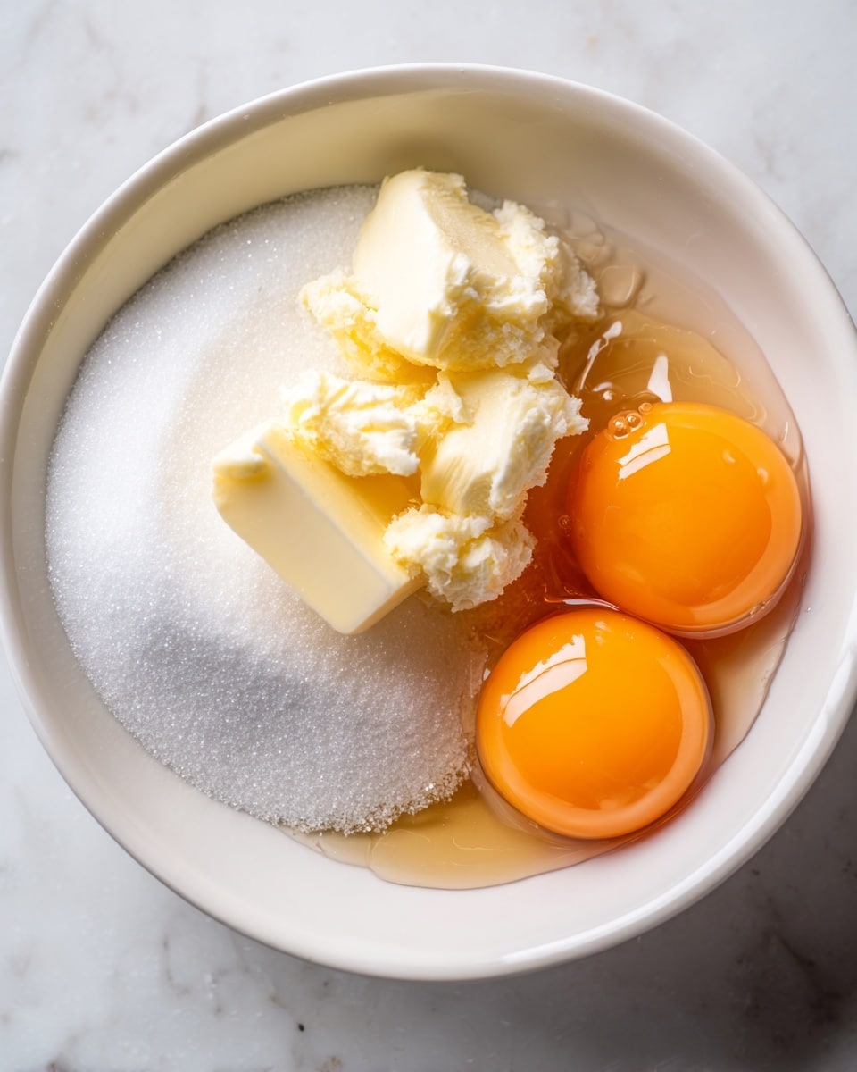 A close-up view inside a white bowl shows three main layers: a large portion of white sugar covering about half the bowl at the top, a block of pale yellow butter slightly melted in the center, and two raw eggs on the right with bright orange yolks surrounded by clear whites. A splash of light brown vanilla extract is visible near the edge next to the sugar. The smooth textures of butter and sugar contrast with the shiny, wet egg surfaces, all resting on a white marbled texture background. photo taken with an iphone --ar 4:5 --v 7