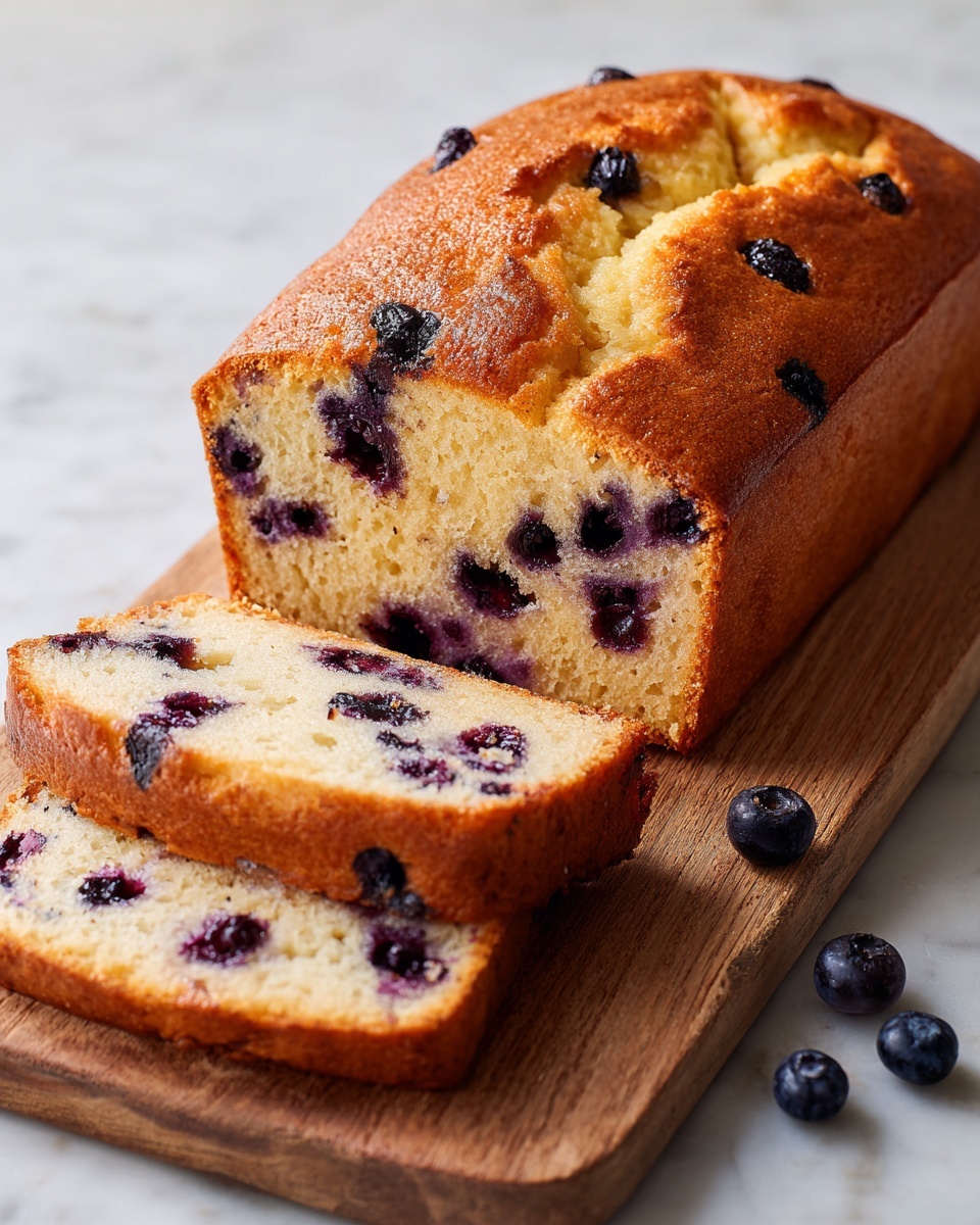 A golden brown loaf of blueberry bread is placed on a light wooden cutting board. The bread is partially sliced with four pieces fanned out in front of the loaf. The inside of the bread shows a soft, light brown texture with visible dark purple blueberries spread throughout each slice. The surface under the board is a white marbled texture. Photo taken with an iphone --ar 4:5 --v 7