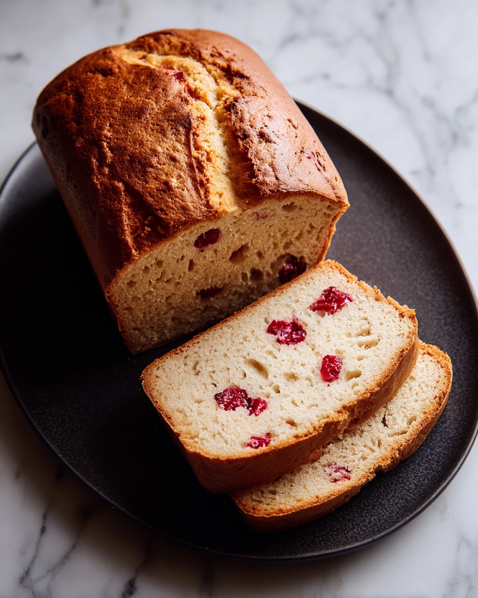 A loaf of banana bread is shown sliced on a dark plate with a white marbled surface underneath. The bread has a golden brown crust and a soft, light brown inside with visible oat texture. Inside the bread, there are bright red raspberries scattered in the middle layer, standing out against the light brown crumb. Two thick slices are separated from the main loaf, showing the raspberries clearly in each slice. The photo shows a close-up view of the bread’s texture and colors. Photo taken with an iphone --ar 4:5 --v 7