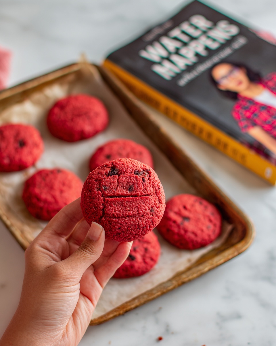 A close-up of a bright red cookie held between the fingertips of a woman's hand, showing a textured surface with small chocolate chips and fork marks on top. In the background, more red cookies are spread out on a brown baking sheet, all with similar texture and markings. The scene is set on a white marbled surface, with a cookbook partially visible in the upper background, featuring a woman in glasses and a plaid shirt on the cover. Photo taken with an iphone --ar 4:5 --v 7