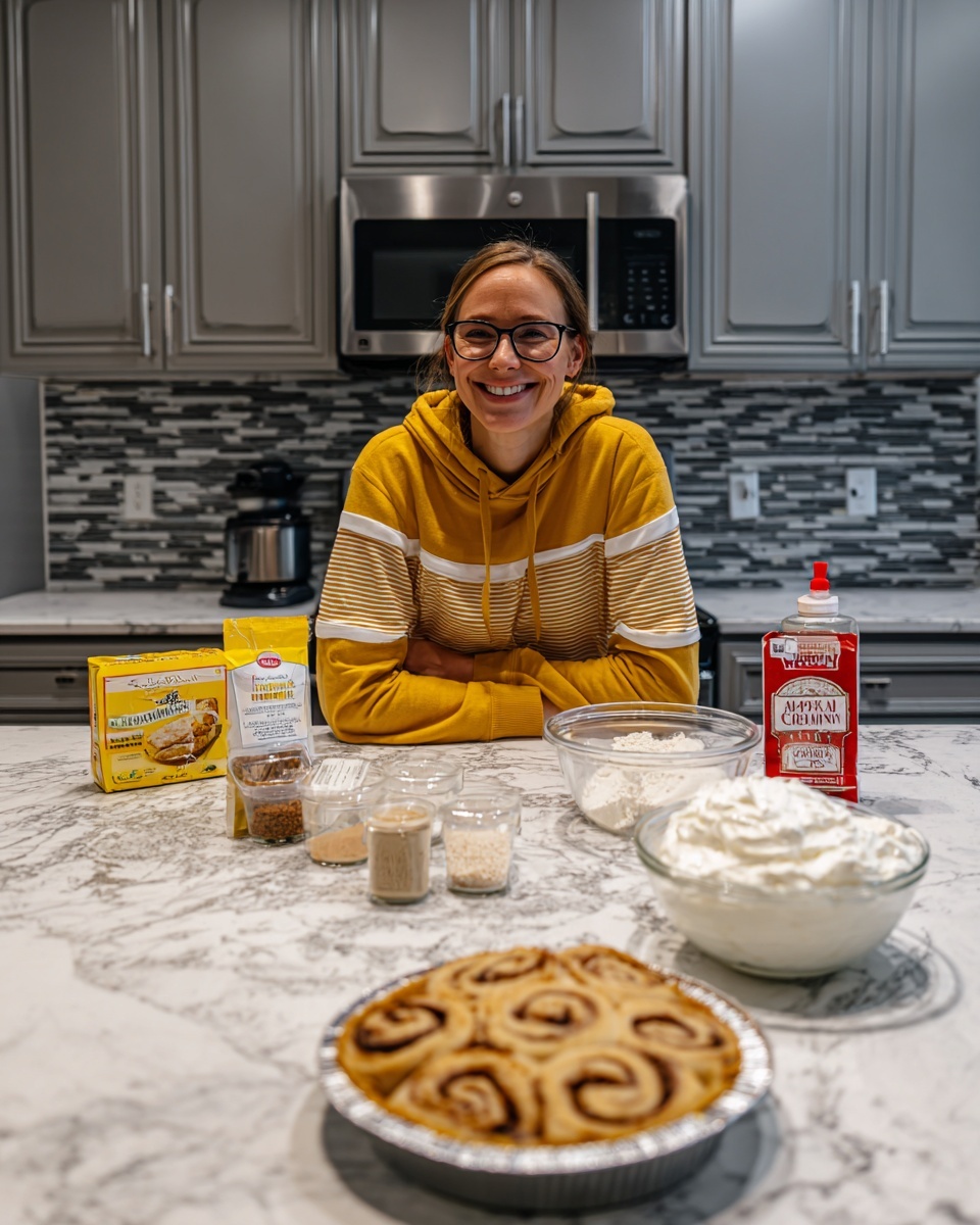 The image shows a kitchen scene with a person wearing a mustard-yellow and white striped hoodie and black glasses smiling behind a white marbled countertop. On the countertop in front are various baking ingredients: a clear plastic container of cinnamon rolls in the right middle, a round silver pie tin with a graham cracker crust in the front right, a small clear bowl with a brown powder to the left, another small clear bowl with white granules next to that, a large white container of whipped cream cheese with a red lid near the center, a yellow rectangular box of cream cheese to its left, a white container of cool whip behind those, a bag of ground cinnamon on the far left, and a small bottle with a red cap labeled artificial vanilla extract to the right. The kitchen cabinets are gray, and the backsplash has a gray and white tile pattern. Photo taken with an iphone --ar 4:5 --v 7